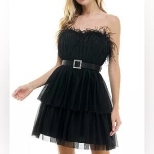 City Studios Juniors' Feather-Trim Strapless Fit & Flare Dress Black Sz 5/6
